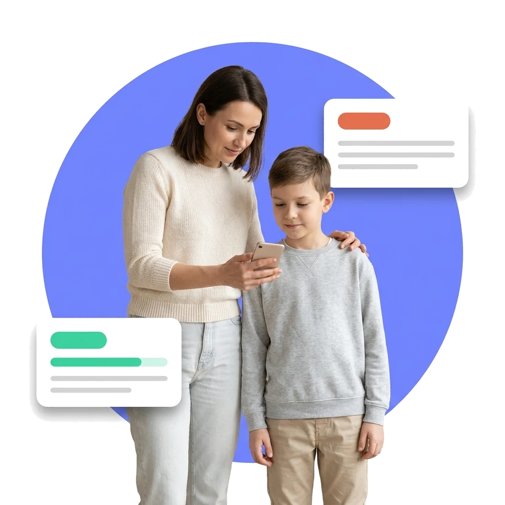 A parent and child looking at a phone together, settling a screen-time routine