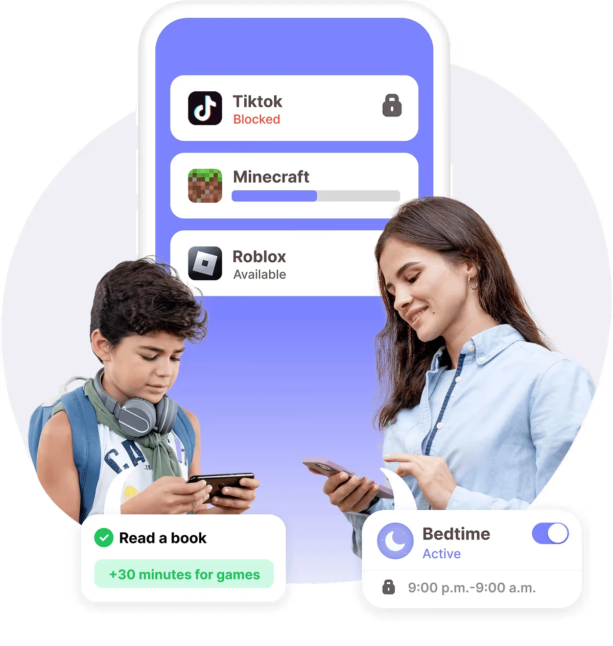 Two kids on their phones while a parent sets a bedtime schedule and a reading reward in the Kidsee app